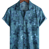 Chemise Retro en Coton Casual à Manches Courtes avec Poche Florale Bleue pour Homme