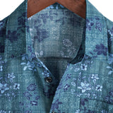 Chemise Retro en Coton Casual à Manches Courtes avec Poche Florale Bleue pour Homme