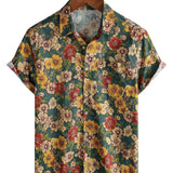 Chemise à manches courtes en coton respirant avec imprimé botanique vintage pour hommes