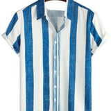 Chemise Casual en Coton à Manches Courtes à Rayures Verticales Bleu Vintage pour Homme