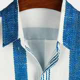 Chemise Casual en Coton à Manches Courtes à Rayures Verticales Bleu Vintage pour Homme