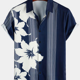 Chemise à Manches Courtes en Coton Aloha Vintage Bleu Marine avec Imprimé de Fleurs et Rayures Verticales pour Homme