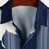 Chemise à Manches Courtes en Coton Aloha Vintage Bleu Marine avec Imprimé de Fleurs et Rayures Verticales pour Homme
