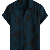 Chemise hawaïenne à manches courtes en coton avec col et imprimé de palmiers pour homme, bleu marine