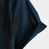 Chemise hawaïenne à manches courtes en coton avec col et imprimé de palmiers pour homme, bleu marine