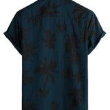 Chemise hawaïenne à manches courtes en coton avec col et imprimé de palmiers pour homme, bleu marine