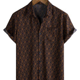 Chemise à Manches Courtes en Coton avec Poche à Motif Géométrique Rétro en Marron pour Homme