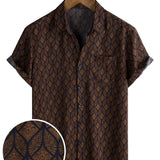 Chemise à Manches Courtes en Coton avec Poche à Motif Géométrique Rétro en Marron pour Homme
