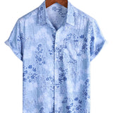 Chemise Rétro en Coton à Manches Courtes Florale Bleue pour Homme