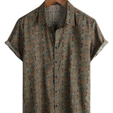 Chemise en Coton pour Homme Vintage à Imprimé Paisley des Années 70 avec Boutons en Marron Boho Rétro Tribal à Manches Courtes