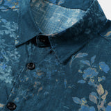 Chemise Casual en Coton à Manches Courtes avec Imprimé Floral Aquarelle en Bleu pour Homme