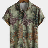 Chemise Casual en Coton à Manches Courtes Verte Vintage avec Imprimé Woodland pour Homme