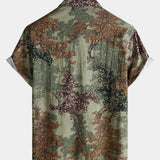 Chemise Casual en Coton à Manches Courtes Verte Vintage avec Imprimé Woodland pour Homme