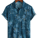 Chemise Casual en Coton à Manches Courtes avec Imprimé Floral Aquarelle en Bleu pour Homme