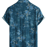 Chemise Casual en Coton à Manches Courtes avec Imprimé Floral Aquarelle en Bleu pour Homme