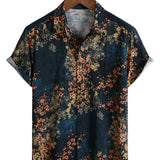 Chemise Casual en Coton à Manches Courtes avec Imprimé Floral Abstrait en Bleu Marine pour Homme