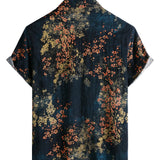 Chemise Casual en Coton à Manches Courtes avec Imprimé Floral Abstrait en Bleu Marine pour Homme