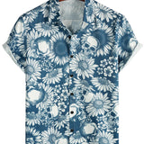 Chemise hawaïenne en coton avec boutons de crâne de tournesol pour homme, à manches courtes, bleue, rock and roll