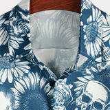 Chemise hawaïenne en coton avec boutons de crâne de tournesol pour homme, à manches courtes, bleue, rock and roll