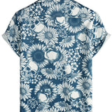 Chemise hawaïenne en coton avec boutons de crâne de tournesol pour homme, à manches courtes, bleue, rock and roll