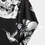 Chemise Hawaïenne en Coton Noir à Manches Courtes pour Homme avec Crâne, Colibri et Style Punk Rock