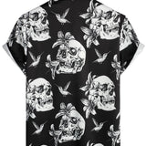 Chemise Hawaïenne en Coton Noir à Manches Courtes pour Homme avec Crâne, Colibri et Style Punk Rock