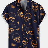 Chemise en Coton Aloha Hawaïenne à Manches Courtes avec Boutons et Imprimé de Crâne Orange pour Homme