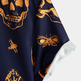 Chemise en Coton Aloha Hawaïenne à Manches Courtes avec Boutons et Imprimé de Crâne Orange pour Homme
