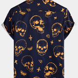 Chemise en Coton Aloha Hawaïenne à Manches Courtes avec Boutons et Imprimé de Crâne Orange pour Homme