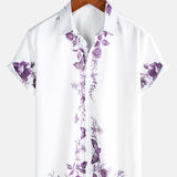 Chemise en Coton d'Été Décontractée à Manches Courtes avec Boutons Hawaïens à Fleurs Bleues pour Homme