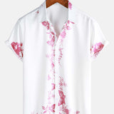 Chemise en Coton d'Été Décontractée à Manches Courtes avec Boutons Hawaïens à Fleurs Bleues pour Homme