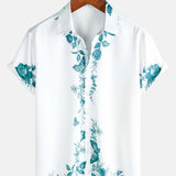 Chemise en Coton d'Été Décontractée à Manches Courtes avec Boutons Hawaïens à Fleurs Bleues pour Homme