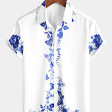 Chemise en Coton d'Été Décontractée à Manches Courtes avec Boutons Hawaïens à Fleurs Bleues pour Homme