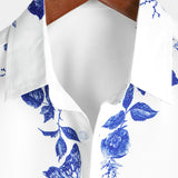 Chemise en Coton d'Été Décontractée à Manches Courtes avec Boutons Hawaïens à Fleurs Bleues pour Homme