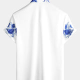 Chemise en Coton d'Été Décontractée à Manches Courtes avec Boutons Hawaïens à Fleurs Bleues pour Homme