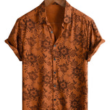 Chemise en Coton pour Homme à Manches Courtes avec Boutons, Imprimé Floral Marron Vintage, Respirante pour les Vacances