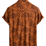 Chemise en Coton pour Homme à Manches Courtes avec Boutons, Imprimé Floral Marron Vintage, Respirante pour les Vacances