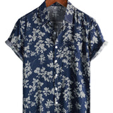 Chemise en Coton pour Homme à Manches Courtes avec Boutons et Imprimé Floral Vintage en Bleu Marine