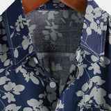 Chemise en Coton pour Homme à Manches Courtes avec Boutons et Imprimé Floral Vintage en Bleu Marine