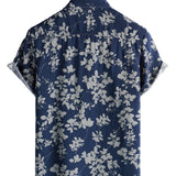 Chemise en Coton pour Homme à Manches Courtes avec Boutons et Imprimé Floral Vintage en Bleu Marine