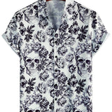 Chemise à Manches Courtes en Coton avec Imprimé de Crâne Floral de Couronne Punk Rock Noir pour Homme