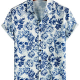 Chemise à Manches Courtes en Coton avec Imprimé de Crâne Floral de Couronne Punk Rock pour Homme