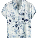 Chemise Casual en Coton à Manches Courtes avec Bouton et Imprimé Floral de Skull pour Homme