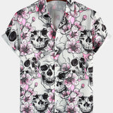 Chemises à Manches Courtes en Coton à Boutons pour Hommes avec Crânes et Fleurs Roses