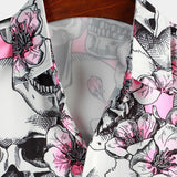 Chemises à Manches Courtes en Coton à Boutons pour Hommes avec Crânes et Fleurs Roses