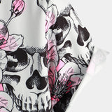 Chemises à Manches Courtes en Coton à Boutons pour Hommes avec Crânes et Fleurs Roses