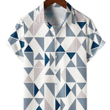 Chemise en Coton pour Homme Casual avec Imprimé Géométrique en Triangle Bleu et Blanc à Manches Courtes pour l'Été