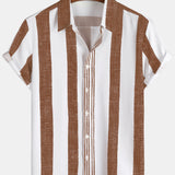Chemise Casual en Coton à Manches Courtes à Rayures Verticales Marron Vintage pour Homme