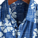 Chemise en Coton de Plage Tropicale Hawaïenne pour Homme à Manches Courtes avec Boutons en Bleu Floral Vintage