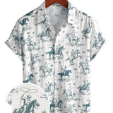 Chemise en Coton pour Homme à Imprimé Équestre, Boutons, à Manches Courtes pour les Vacances